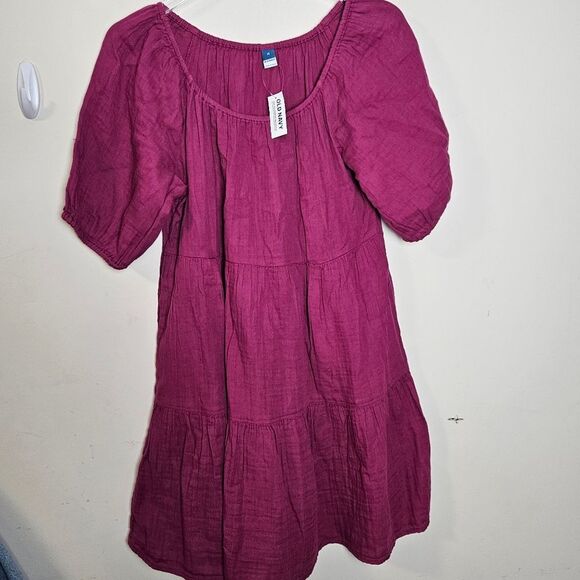 Old Navy Puff-Sleeve Tiered Mini Swing Dress Berry Pink NWT Medium - Picture 1 of 6